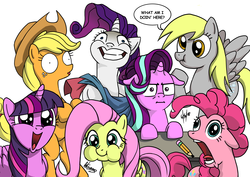 Size: 4960x3507 | Tagged: safe, artist:rambon7, applejack, derpy hooves, fluttershy, pinkie pie, rarity, starlight glimmer, twilight sparkle, alicorn, pony, g4, aweeg*, comic, cute, derp, faic, gasp, happy birthday mlp:fim, i mean i see, meme, mlp fim's eighth anniversary, pinpoint eyes, puffy cheeks, senpai noticed me, shrunken pupils, shyabetes, signature, simple background, twiabetes, twilight sparkle (alicorn), white background, why i'm creating a gown darling