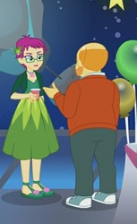 Size: 346x566 | Tagged: safe, screencap, grassy knoll (g4), thick coat, equestria girls, g4, my little pony equestria girls: better together, twilight under the stars, background human, clothes, converse, cropped, dress, female, glasses, male, pants, shoes