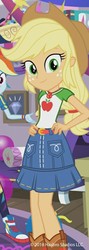 Size: 314x883 | Tagged: safe, screencap, applejack, rainbow dash, equestria girls, g4, my little pony equestria girls: better together, applejack's hat, belt, clothes, cowboy hat, cropped, denim skirt, female, freckles, geode of super strength, hat, offscreen character, skirt, smiling, stetson