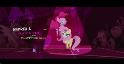 Size: 1366x706 | Tagged: safe, screencap, applejack, discord, fluttershy, gummy, lix spittle, pinkie pie, princess celestia, parrot pirates, pony, g4, my little pony: the movie, credits, lidded eyes, pirate, pointy ponies, spotlight