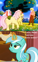 Size: 528x858 | Tagged: safe, edit, edited screencap, editor:korora, screencap, lyra heartstrings, megan williams, posey, powder, skydancer, earth pony, human, pony, unicorn, g1, g4, my little pony: escape from catrina, season 5, slice of life (episode), apple, apple tree, bell, bow, butt, cropped, decoration, descriptive noise, female, food, horse noises, humie, jealous, magic aura, mare, plot, tail bow, text, that pony sure does love humans, town hall, tree