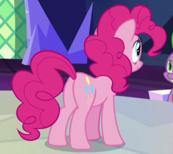 Size: 521x465 | Tagged: safe, screencap, pinkie pie, spike, earth pony, pony, father knows beast, g4, butt, cropped, cutie mark, female, plot