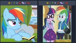 Size: 751x423 | Tagged: safe, rainbow dash, sci-twi, twilight sparkle, pony, derpibooru, equestria girls, flutter brutter, g4, my little pony equestria girls: better together, book, clothes, couch, female, geode of super speed, geode of telekinesis, glasses, hoodie, juxtaposition, juxtaposition win, magical geodes, meme, meta, pants, skirt