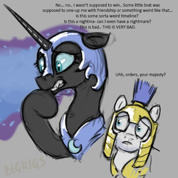 Size: 543x543 | Tagged: safe, artist:bigrigs, derpibooru exclusive, nightmare moon, alicorn, pony, g4, alternate timeline, armor, dialogue, gray background, helmet, moonabetes, nervous, nightmare takeover timeline, royal guard, signature, simple background, text