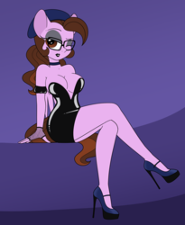 Size: 1600x1947 | Tagged: safe, artist:dativyrose, oc, oc only, oc:ivy rose, anthro, unguligrade anthro, alternate hairstyle, anthro oc, bedroom eyes, beret, breasts, choker, cleavage, clothes, crossed legs, dress, eyeshadow, female, glasses, gloves, hat, high heels, latex, lipstick, makeup, one eye closed, pinup, platform heels, shoes, solo, stiletto heels