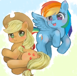 Size: 1181x1157 | Tagged: safe, artist:youyu, applejack, rainbow dash, earth pony, pegasus, pony, g4, duo, female, mare