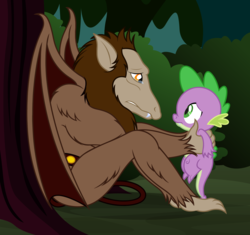 Size: 2349x2205 | Tagged: safe, artist:badumsquish, derpibooru exclusive, scorpan, spike, dragon, gargoyle, g1, g4, 35th anniversary, belt, crying, duo, eye contact, fangs, forest, g1 to g4, generation leap, high res, holding, holding a dragon, looking at each other, male, sad, scorpan is spike's daddy, show accurate, sitting, tree