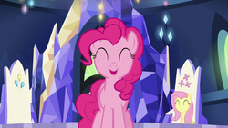 Size: 1280x720 | Tagged: safe, screencap, fluttershy, pinkie pie, earth pony, pegasus, pony, father knows beast, g4, cute, diapinkes, eyes closed, female, friendship throne, mare, open mouth, shyabetes, sitting, smiling