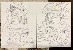 Size: 2048x1402 | Tagged: safe, artist:andypriceart, princess celestia, princess luna, kirin, g4, sounds of silence, andy you magnificent bastard, duo, female, kirin celestia, kirin luna, kirin-ified, looking at each other, royal sisters, sisters, species swap, traditional art