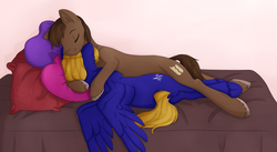 Size: 3000x1641 | Tagged: safe, artist:lionbun, oc, oc only, oc:cloud quake, oc:endless map, earth pony, pegasus, pony, bed, gay, male, pillow, snuggling