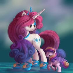 Size: 4092x4092 | Tagged: safe, artist:ailatf, idw, princess amore, princess cadance, pegasus, pony, unicorn, g4, absurd resolution, baby, baby pony, child, cute, cutedance, daughter, eyes closed, female, filly, filly cadance, lidded eyes, mother, mother and child, mother and daughter, pegasus cadance, princess awwmore, young cadance, younger