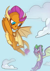 Size: 3496x4961 | Tagged: safe, artist:cutepencilcase, smolder, spike, dragon, g4, molt down, baby, baby dragon, cloud, commission, cute, dragoness, female, flying, male, sky, smolderbetes, spikabetes, winged spike, wings