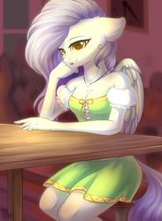 Size: 2014x2750 | Tagged: safe, artist:alphadesu, oc, oc only, pegasus, anthro, anthro oc, chair, clothes, female, high res, jewelry, necklace, sitting, solo, table, ych result