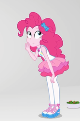 Size: 419x630 | Tagged: safe, screencap, pinkie pie, equestria girls, equestria girls series, g4, rollercoaster of friendship, clothes, cropped, food, geode of sugar bombs, pantyhose, salad, sandals, shoes, skirt