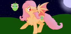 Size: 989x472 | Tagged: safe, artist:yanderechan01, oc, oc only, oc:flutter sweet, bat pony, pony, bat pony oc, chest fluff, ear fluff, female, mare, night, offspring, parent:big macintosh, parent:fluttershy, parents:fluttermac, red eyes, solo