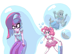 Size: 4400x3200 | Tagged: safe, artist:hananpacha, applejack, pinkie pie, sci-twi, twilight sparkle, equestria girls, equestria girls series, g4, applejack's hat, blowing bubbles, bubble, bubble wand, cowboy hat, female, floating, glasses, hat, in bubble, ponytail, simple background, trapped, trio, white background