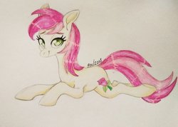 Size: 1024x730 | Tagged: safe, artist:xstillwatersrundeep, roseluck, earth pony, pony, g4, female, mare, prone, solo, traditional art