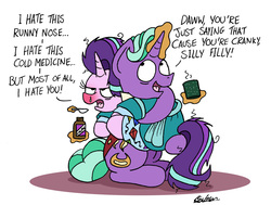 Size: 2186x1650 | Tagged: safe, artist:bobthedalek, firelight, starlight glimmer, pony, unicorn, g4, bathrobe, caring for the sick, carrying, clothes, duo, empathy cocoa, father and daughter, fathers gonna father, female, grumpy, male, mare, medicine, messy mane, mug, pajamas, red nosed, robe, sick, simple background, spoon, stallion, starlight glimmer is not amused, unamused, white background