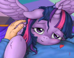 Size: 4960x3925 | Tagged: safe, artist:celsian, twilight sparkle, alicorn, human, pony, g4, bed, blushing, clothes, cuddling, cute, female, fluffy, heart, human on pony snuggling, interspecies, lidded eyes, looking at you, male, male pov, mare, messy mane, offscreen character, on back, on bed, on top, pov, smiling, snuggling, spread wings, straight, twiabetes, twilight sparkle (alicorn), wings