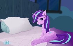 Size: 3200x2000 | Tagged: safe, artist:wildviolet-m, starlight glimmer, pony, unicorn, g4, bed, bedroom, bedroom eyes, butt, cute, female, frog (hoof), glimmer glutes, glimmerbetes, high res, lidded eyes, looking at you, mare, pillow, plot, solo, starlight's room, underhoof, window