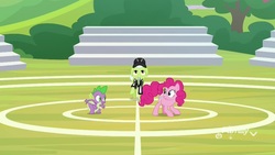 Size: 1920x1080 | Tagged: safe, screencap, granny smith, pinkie pie, spike, dragon, earth pony, pony, father knows beast, g4, buckball court, female, male, mare, whistle, winged spike, wings