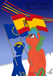Size: 2500x3560 | Tagged: safe, artist:summerium, oc, oc only, oc:europa, oc:summer lights, earth pony, pegasus, pony, crowd, discussion in the comments, european union, flag, high res, jewelry, nation ponies, necklace, pearl necklace, ponified, smiling, spain, trail, unshorn fetlocks