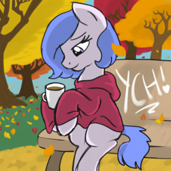 Size: 2100x2100 | Tagged: safe, artist:lannielona, pony, autumn, bench, chocolate, clothes, coffee, commission, cottagecore, falling leaves, female, food, high res, hoodie, hot chocolate, leaves, mare, morning, sketch, solo, tea, tree, your character here
