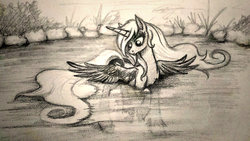 Size: 1024x576 | Tagged: safe, artist:zetamad, princess luna, pony, g4, female, lake, solo, spread wings, traditional art, wings