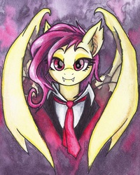 Size: 800x999 | Tagged: safe, artist:astevenamedwolf, fluttershy, bat pony, pony, g4, alucard, alushy, bat wings, bust, clothes, crossover, fangs, female, flutterbat, hellsing, looking at you, mare, necktie, portrait, race swap, red eyes, solo, suit, traditional art, watercolor painting, wings