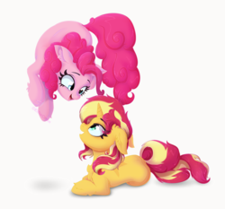 Size: 3000x2800 | Tagged: safe, artist:katakiuchi4u, pinkie pie, sunset shimmer, earth pony, pony, unicorn, chest fluff, cute, diapinkes, ear fluff, female, floppy ears, looking at each other, mare, open mouth, shimmerbetes, simple background, smiling, white background