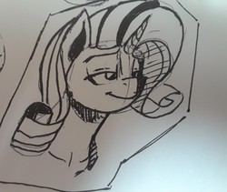 Size: 1280x1078 | Tagged: safe, artist:post-it, rarity, pony, unicorn, g4, bust, female, ink drawing, inktober, lidded eyes, mare, monochrome, simple background, sketch, smiling, solo, traditional art, white background