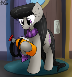 Size: 1311x1394 | Tagged: safe, artist:the-furry-railfan, octavia melody, earth pony, pony, g4, clothes, door, doormat, female, helium tank, hose, p 235, reading, scarf, solo, vinyl and octavia's home