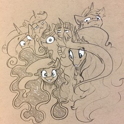 Size: 1280x1280 | Tagged: safe, artist:greyscaleart, night light, princess cadance, princess celestia, princess luna, shining armor, twilight sparkle, twilight velvet, alicorn, pony, unicorn, bust, cadance is not amused, colored pencil drawing, constellation, constellation freckles, ethereal mane, expressions, female, freckles, frown, greyscaleart is trying to murder us, male, mare, marriage, night light is not amused, partial color, royal sisters, shining armor is not amused, skewed priorities, stallion, tan background, traditional art, twilight snapple, twilight velvet is not amused, unamused, wedding, wedding photo