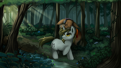 Size: 2920x1642 | Tagged: safe, artist:pridark, oc, oc only, eevee, pony, unicorn, commission, crepuscular rays, eyes closed, forest, pokémon, raised hoof, scenery, sleeping, yellow eyes