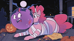 Size: 1280x720 | Tagged: safe, artist:secretgoombaman12345, pinkie pie, twilight sparkle, earth pony, pony, g4, blowing bubbles, bubblegum, candy, chubby, clothes, costume, duo, fat, female, fetish, food, food transformation, gum, halloween, holiday, imminent popping, inflation, jack-o-lantern, mummy, mummy costume, nightmare night, nightmare night costume, pudgy pie, pumpkin, transformation, twident gum