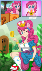 Size: 3300x5600 | Tagged: safe, artist:template93, pinkie pie, human, g4, ? block, absurd resolution, bush, clothes, cloud, coin, comic, crossover, cute, diapinkes, eared humanization, flowing mane, humanized, male, mario, meme, mountain, new super mario bros. u deluxe, one eye closed, pipe, piranha plant, pony ears, princess pinkie pie, smiling, socks, super crown, super mario bros., tailed humanization, toadette, transformation, tree, vine, wink
