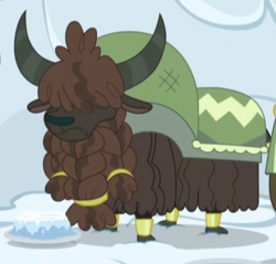 Size: 361x345 | Tagged: safe, screencap, yak, g4, not asking for trouble, background yak, braided beard, cloven hooves, cropped, frown, hair over eyes, snow cake, solo, unnamed character, unnamed yak