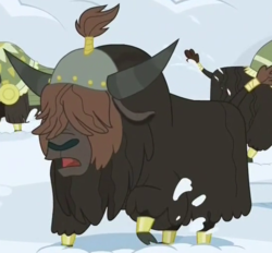 Size: 550x510 | Tagged: safe, screencap, yak, g4, not asking for trouble, background yak, cloven hooves, cropped, digging, hair over eyes, helmet, open mouth, solo focus, unnamed character, unnamed yak