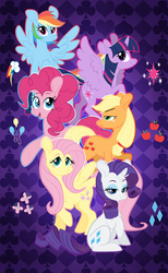 Size: 2552x4149 | Tagged: safe, artist:xstillwatersrundeep, applejack, fluttershy, pinkie pie, rainbow dash, rarity, twilight sparkle, alicorn, earth pony, pegasus, pony, unicorn, g4, abstract background, big ears, cute, cutie mark, female, hatless, high res, looking at you, mane six, mare, missing accessory, redraw, smiling, twilight sparkle (alicorn)