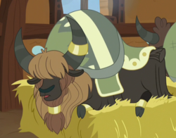 Size: 647x506 | Tagged: safe, screencap, yak, g4, not asking for trouble, background yak, cloven hooves, cropped, hair over eyes, hay bale, horn, horn ring, sleeping, solo focus, unnamed character, unnamed yak