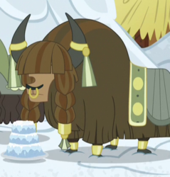 Size: 397x416 | Tagged: safe, screencap, yak, g4, not asking for trouble, background yak, braid, cloven hooves, cropped, hair over eyes, horn, horn ring, nose piercing, nose ring, piercing, snow, snow cake, solo focus, unnamed character, unnamed yak