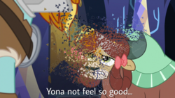 Size: 2560x1440 | Tagged: safe, edit, edited screencap, screencap, rockhoof, yona, earth pony, pony, a rockhoof and a hard place, g4, avengers: infinity war, disintegration, i don't feel so good, imminent death, implied death, meme, shitposting, thanos, thanos snap, yonabuse