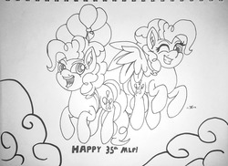 Size: 2880x2096 | Tagged: safe, artist:novaspark, pinkie pie, surprise, earth pony, pegasus, pony, g1, g4, 35th anniversary, balloon, cloud, duo, flying, g1 to g4, generation leap, happy birthday mlp:fim, high res, lineart, one eye closed, smiling, wink