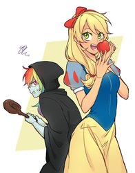 Size: 943x1200 | Tagged: safe, artist:dcon, applejack, rainbow dash, human, equestria girls, g4, apple, clothes, crossover, female, food, humanized, robe, snow white, snow white and the seven dwarfs, witch