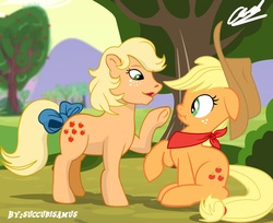 Size: 1750x1428 | Tagged: safe, artist:succubi samus, applejack, applejack (g1), earth pony, pony, g1, g4, my little pony 'n friends, 35th anniversary, accessory, anniversary, apple tree, applejack's hat, bandana, boop, bow, cloth, clothes, cloud, cowboy hat, cute, duo, estin83, female, field, floppy ears, freckles, g1 to g4, generation leap, generational ponidox, happy birthday mlp:fim, hat, hnnng, hooves, jackabetes, looking at each other, mare, noseboop, not sure if want, ponytail, raised hoof, scarf, scrunchy face, show accurate, signature, silly, silly pony, tail bow, tree, underhoof, weapons-grade cute, who's a silly pony
