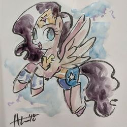 Size: 640x640 | Tagged: safe, artist:agnes garbowska, pegasus, pony, bracelet, crossover, female, flying, jewelry, looking at you, mare, ponified, solo, tiara, watercolor painting, wonder woman