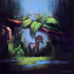 Size: 2000x2000 | Tagged: safe, artist:freeedon, fluttershy, pony, g4, female, flower, grass, high res, leaf umbrella, log, looking away, looking up, mare, rain, solo, standing, water