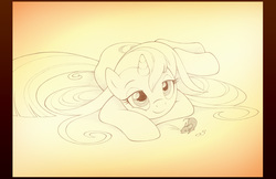 Size: 1160x752 | Tagged: safe, artist:sherwoodwhisper, oc, oc only, oc:eri, mouse, pony, unicorn, cute, female, gradient background, grayscale, lineart, monochrome, pencil drawing, smiling, solo, traditional art