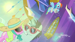 Size: 1920x1080 | Tagged: safe, screencap, daisy, flower wishes, neon lights, rainbow dash, rising star, pegasus, pony, unicorn, father knows beast, g4, bag, female, flour, glowing horn, hat, horn, insanity, mare, snow, summer, sunglasses