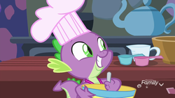 Size: 1920x1080 | Tagged: safe, screencap, spike, dragon, father knows beast, g4, bowl, chef's hat, cute, hat, male, measuring cup, mixing bowl, smiling, solo, spikabetes, winged spike, wings